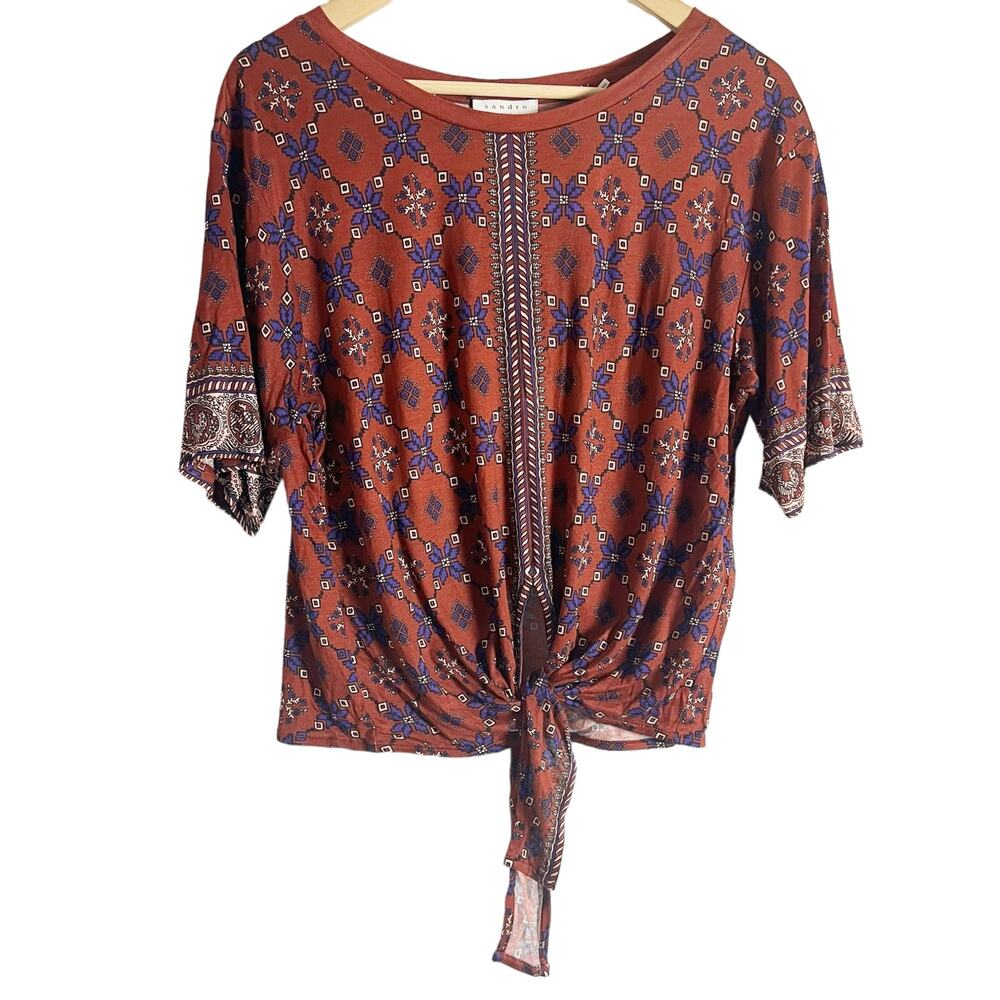 Sandro Red Geometric Print Tie Front Short Sleeve Blouse Size 2 - Picture 2 of 8